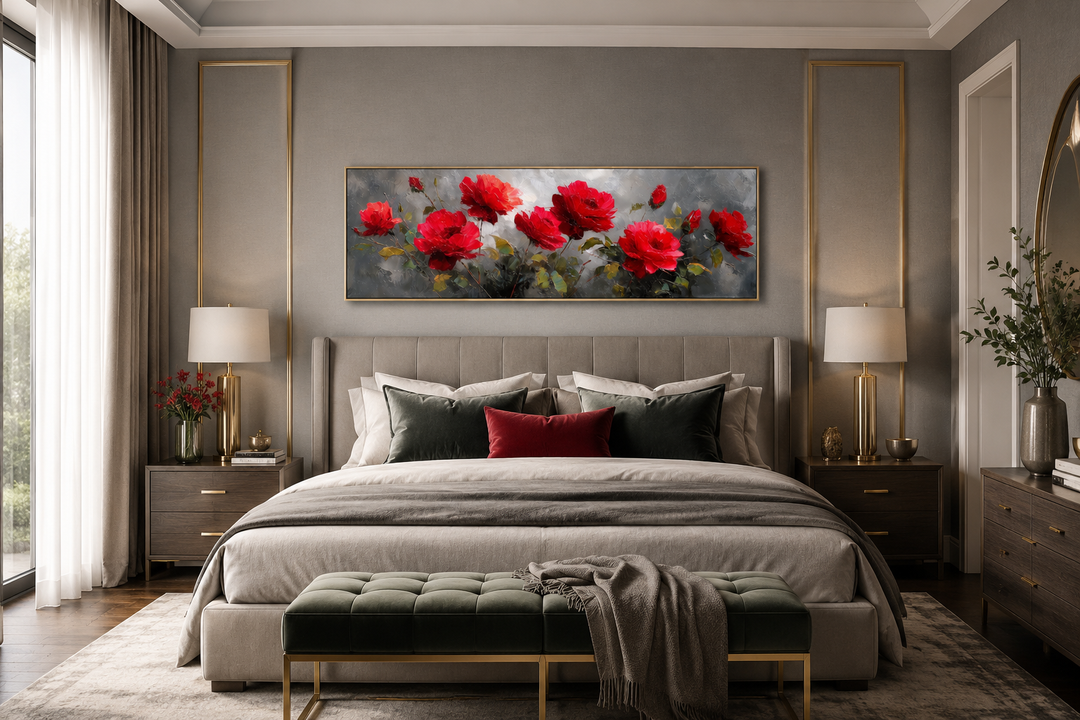 Red Grey Horizontal Roses Framed Canvas Wall Art above a bed in a modern grey bedroom.