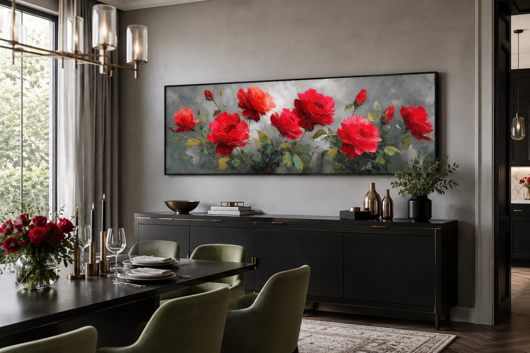 Red and grey horizontal roses framed canvas wall art hanging above a black sideboard in a dining room