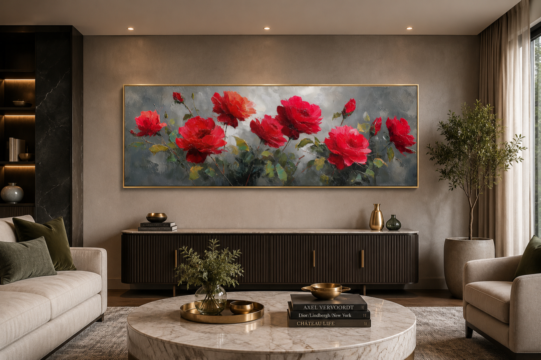 Red and grey horizontal roses framed canvas wall art above a dark wood sideboard in a modern room.
