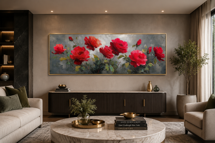 Red and grey horizontal roses framed canvas wall art above a dark wood sideboard in a modern room.
