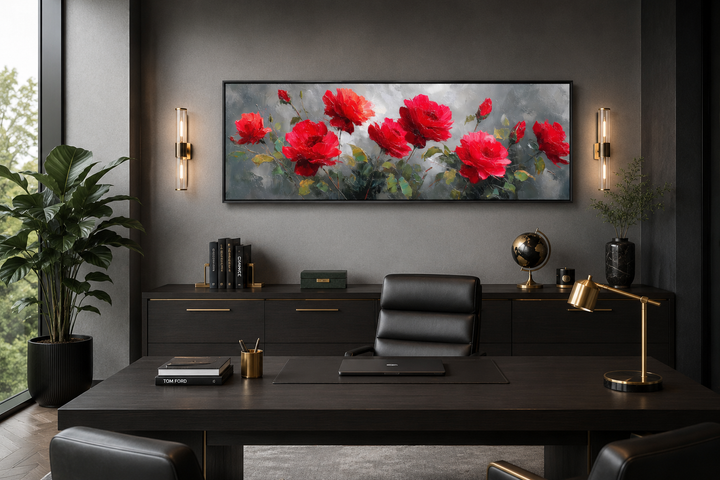 Red and grey horizontal roses framed canvas wall art hanging in a modern dark office setting.