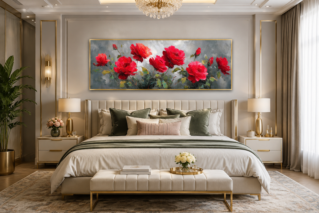 Red and grey horizontal roses framed canvas wall art hanging above a bed in a modern bedroom.