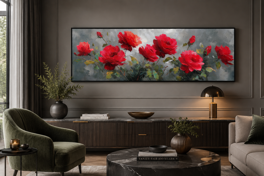 Red Grey Horizontal Roses Framed Canvas Wall Art above a dark wood sideboard in a modern room.