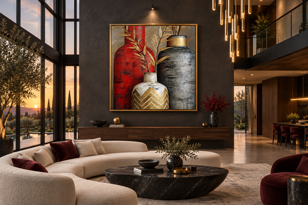 Modern wall art of red, gold, and silver vases in a gold frame above a dark wood console table.