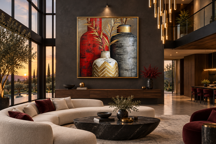 Modern wall art of red, gold, and silver vases in a gold frame above a dark wood console table.