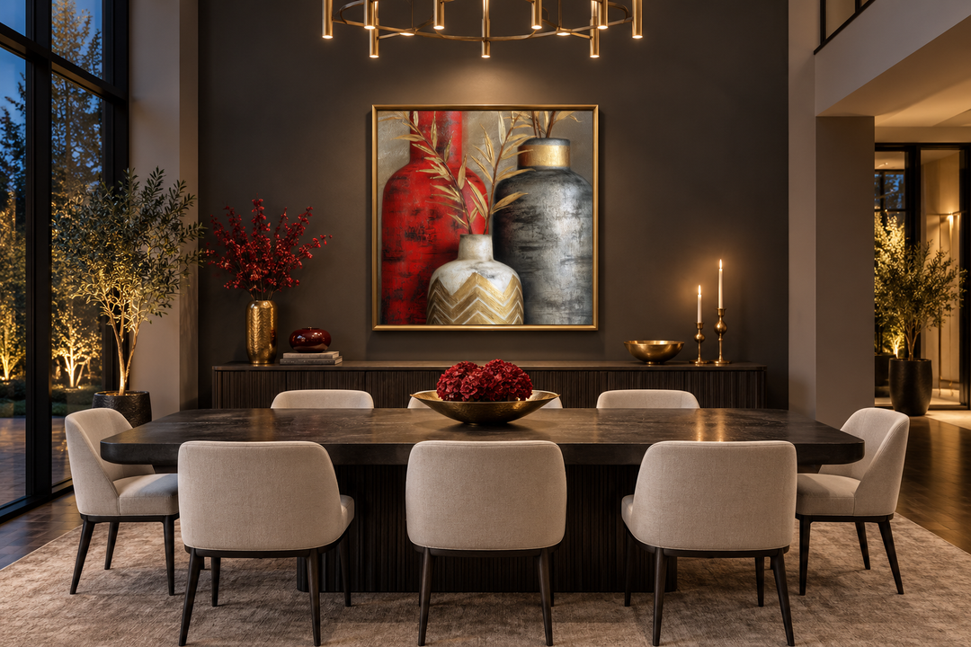 Modern wall art of red, gold, and silver vases in a dark, elegant dining room setting.
