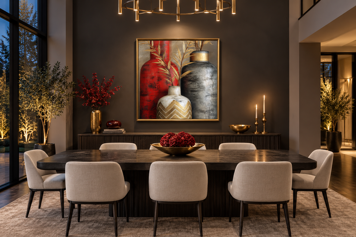Modern wall art of red, gold, and silver vases in a dark, elegant dining room setting.