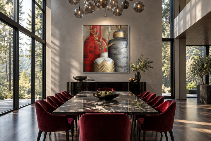 Modern wall art featuring red, gold, and silver vases above a marble dining table with red chairs.