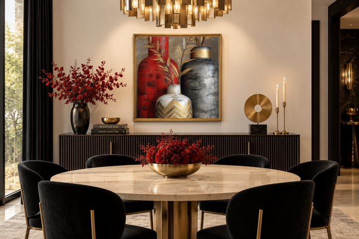 Modern wall art featuring red, gold, and silver vases above a dining table with black chairs.