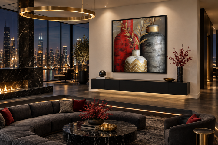 Modern wall art featuring red, gold, and silver vases in a dark, elegant living room setting.