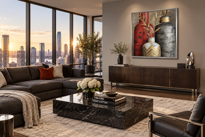 Modern wall art featuring red, gold, and silver vases in a stylish living room setting.