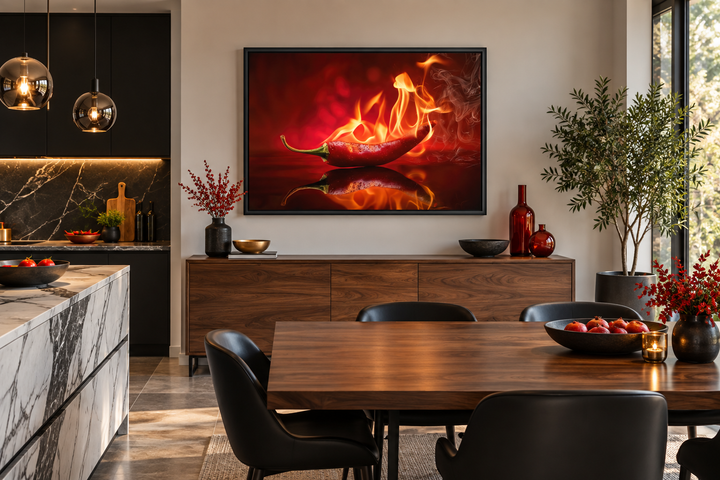 Red flaming chili pepper canvas wall art in a modern dining room above a wooden sideboard.