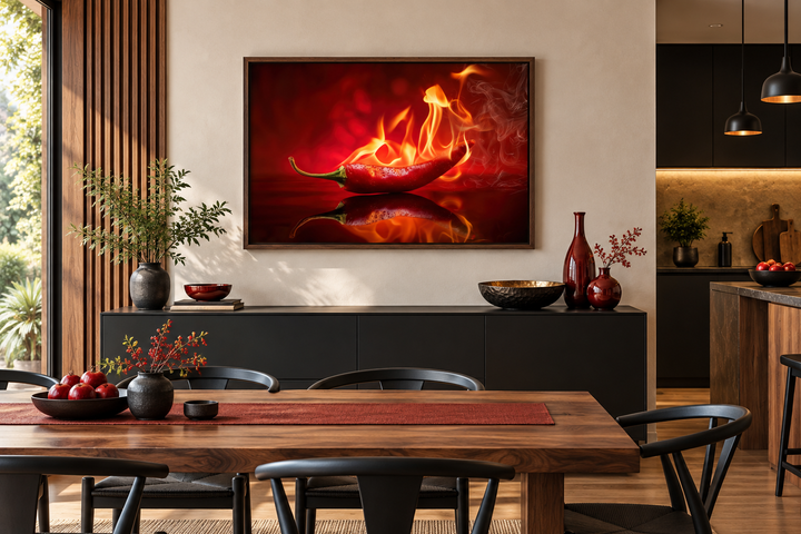 Red flaming chili pepper canvas print in a dark wood frame hanging in a modern dining room.
