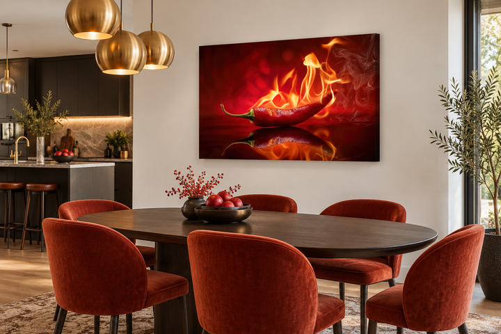 Canvas print of a red chili pepper engulfed in flames hanging in a modern dining room.