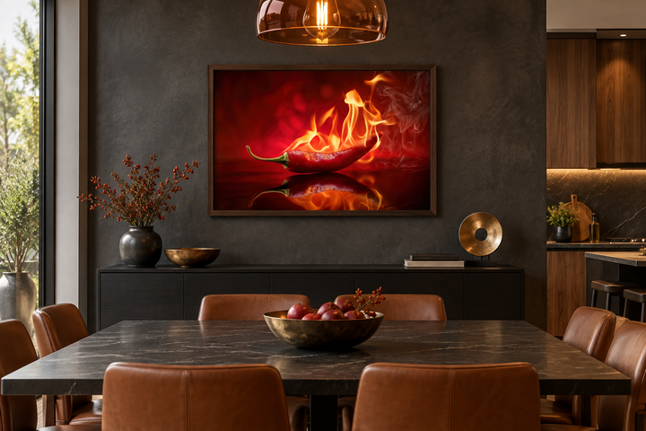Framed canvas print of a red chili pepper engulfed in flames above a dining table.