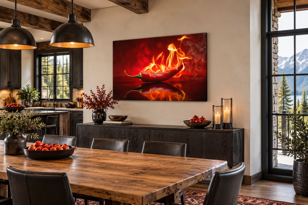 Red flaming chili pepper canvas print hanging in a modern rustic dining room above a black buffet.