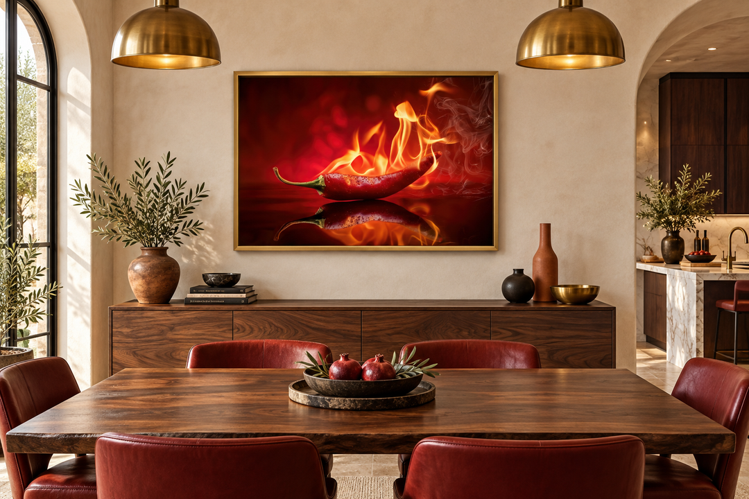 Framed canvas print of a red flaming chili pepper hanging above a wooden sideboard in a dining room.