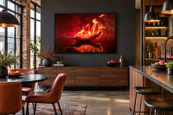 Red flaming chili pepper canvas print on a dark wall in a modern kitchen and dining area.