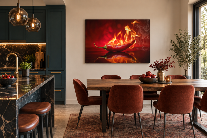 Red flaming chili pepper canvas wall art hanging in a modern dining room and kitchen.