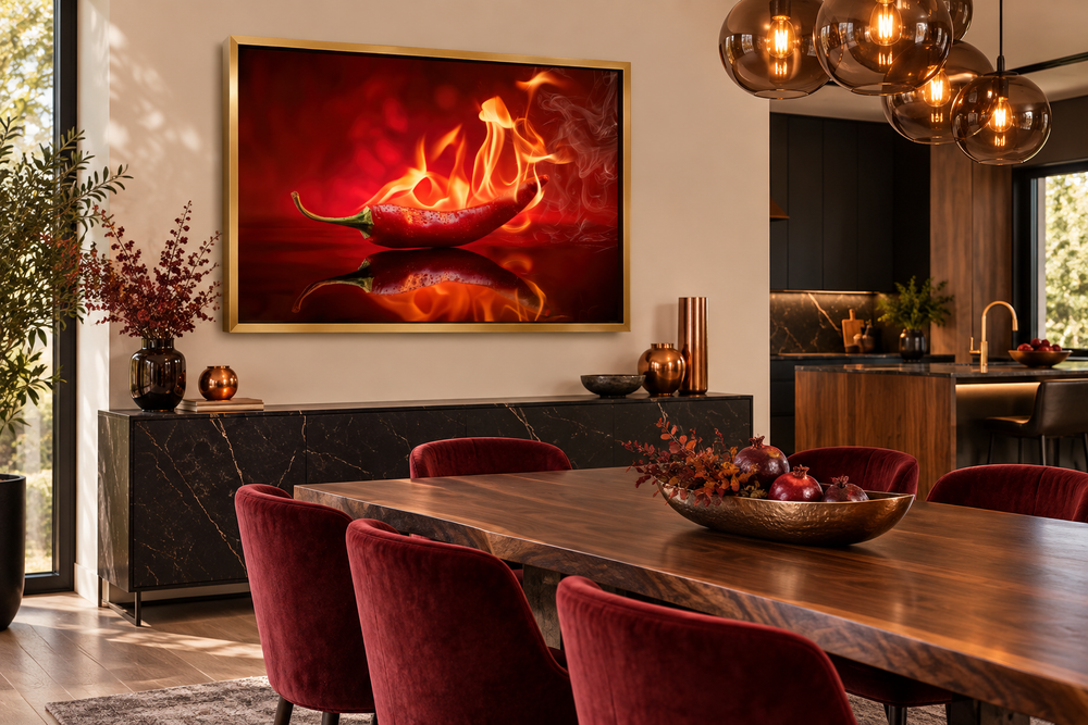 Red flaming chili pepper canvas print in a gold frame above a sideboard in a modern dining room.