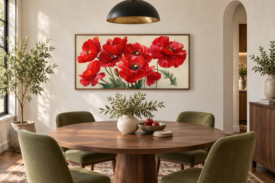 Red Poppies Framed Canvas Wall Art displayed above a round wooden dining table with green chairs.