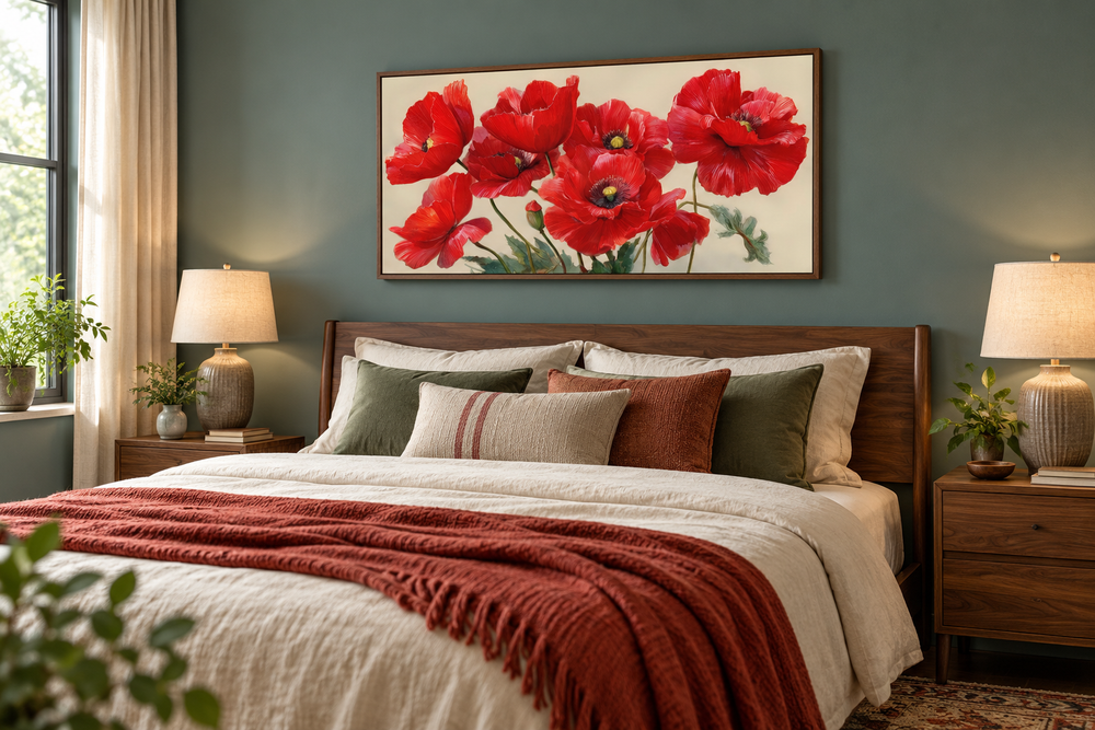 Red Poppies Framed Canvas Wall Art above a bed in a modern bedroom with green walls.