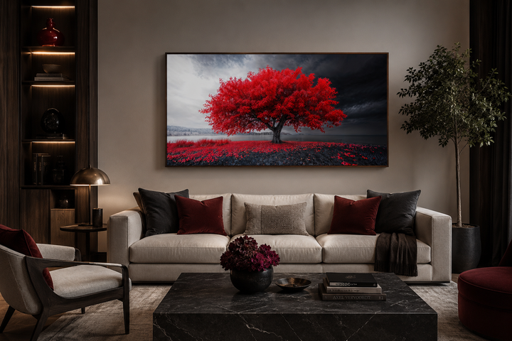 Framed canvas print of a vibrant red tree against a monochrome landscape above a modern sofa.
