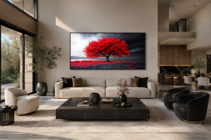 Large framed canvas print of a vibrant red tree against a black and white landscape in a living room.