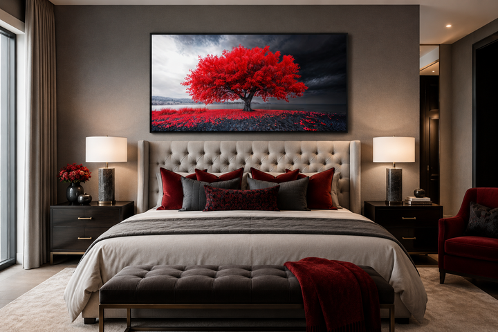 Framed canvas print of a vibrant red tree against a monochrome landscape above a tufted headboard.