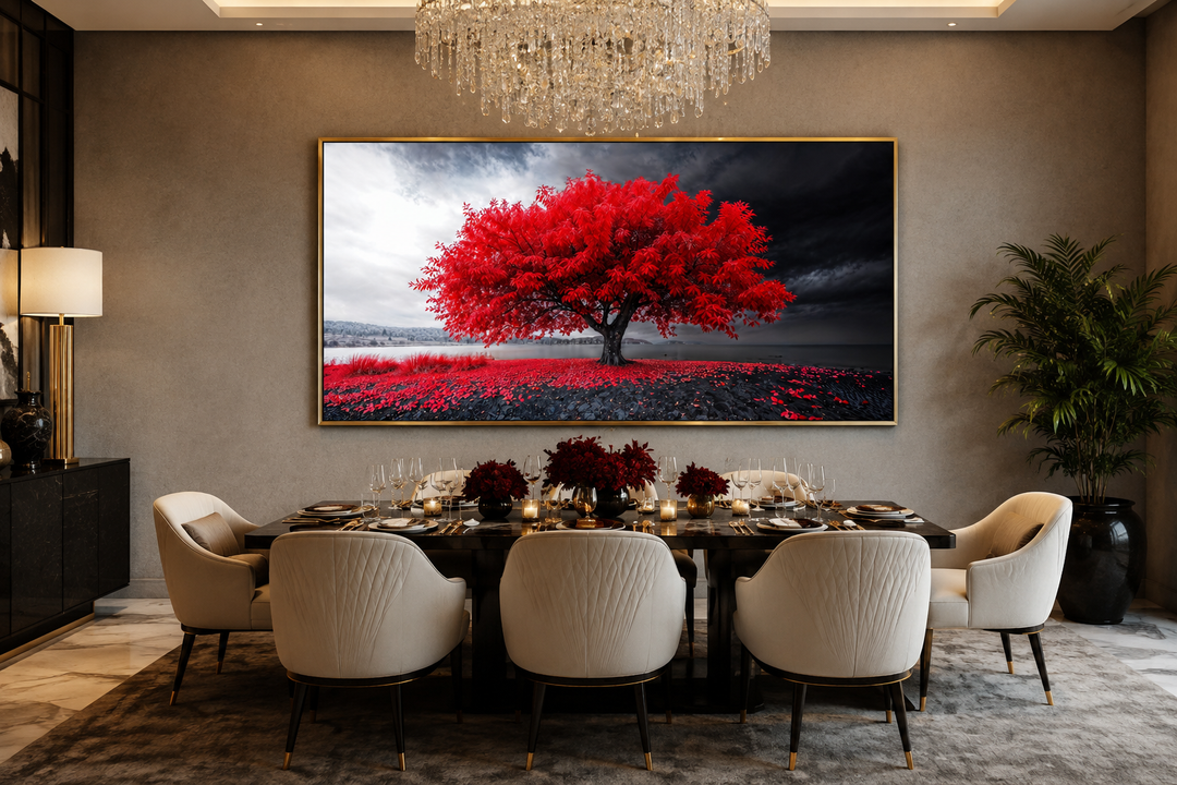 Framed canvas print of a vibrant red tree against a monochrome landscape in a modern dining room.