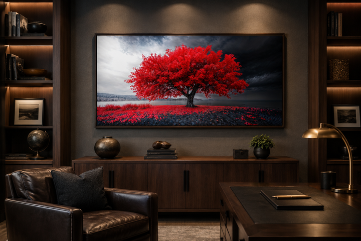 Framed canvas print of a vibrant red tree against a monochrome landscape in a modern office setting.