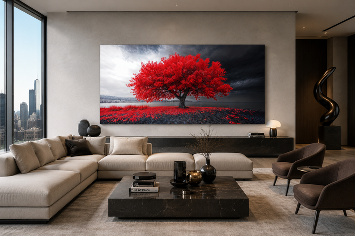 Large framed canvas print of a vibrant red tree against a black and white landscape in a living room