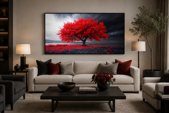 Framed canvas print of a vibrant red tree against a black and white landscape above a beige sofa.