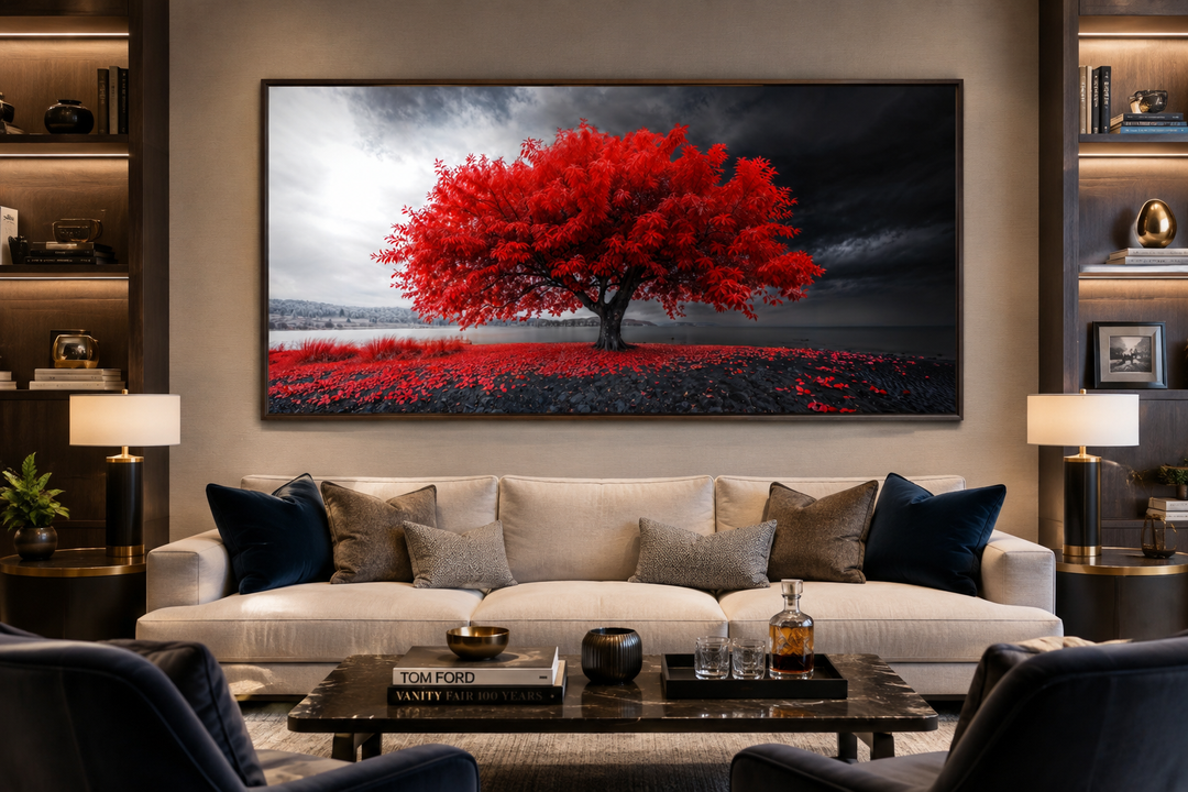 Framed canvas print of a vibrant red tree against a monochrome landscape in a modern living room.