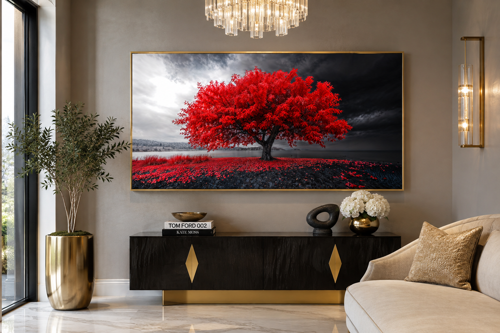 Framed canvas print of a vibrant red tree against a monochrome landscape in a modern living room.