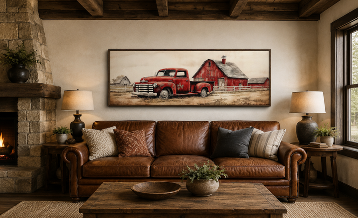 Red truck and barn painting on wood framed canvas wall art above a leather sofa in a rustic room.