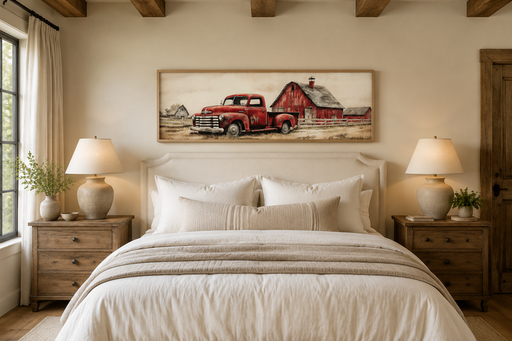 Red truck and barn painting on wood framed canvas wall art hanging above a bed in a rustic bedroom.