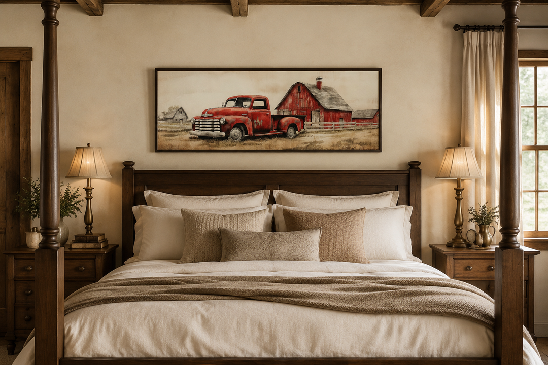 Red truck and barn painting on wood framed canvas wall art hanging above a bed in a rustic bedroom.