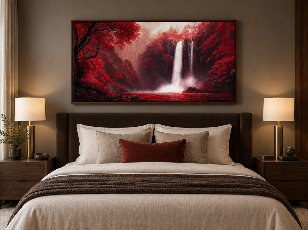 Red waterfall framed canvas wall art featuring red trees and cascading water above a bed.