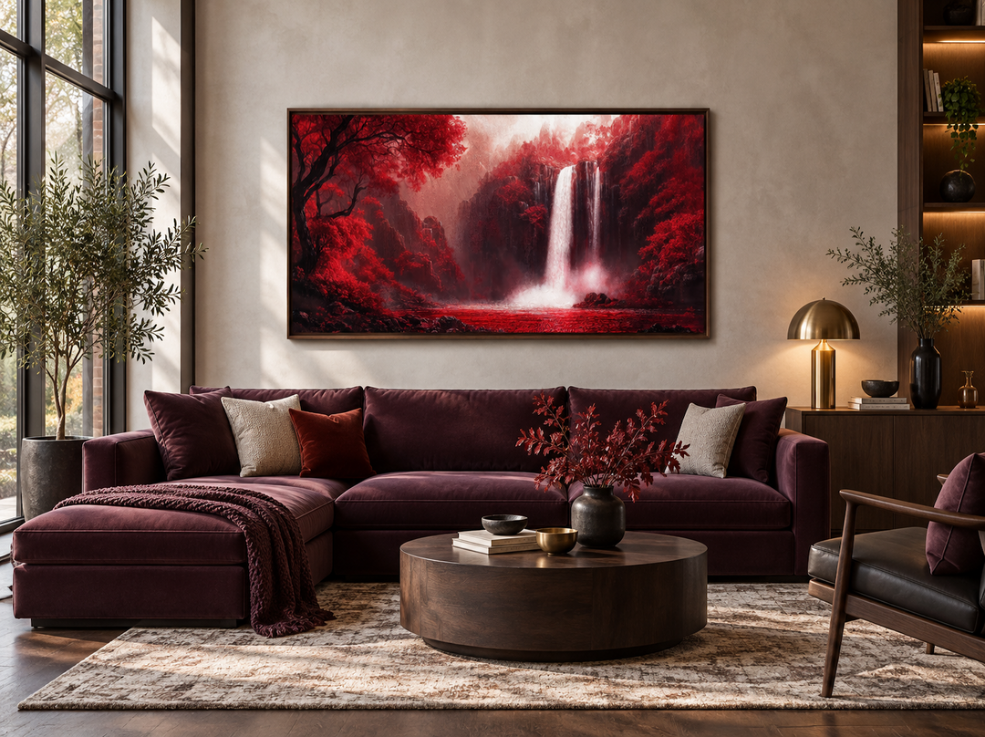 Red waterfall framed canvas wall art hanging above a burgundy sectional sofa in a modern room.