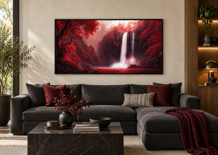 Red waterfall framed canvas wall art above a dark grey sectional sofa in a modern living room.