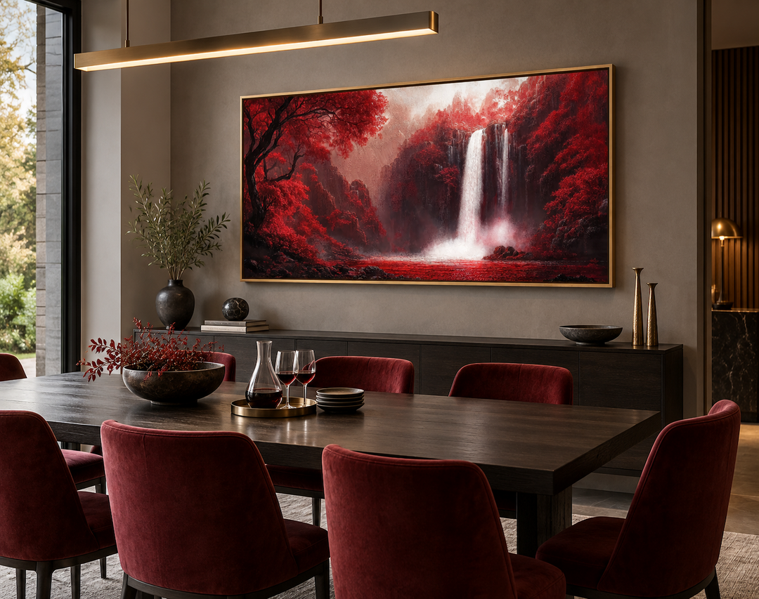 Framed canvas wall art of a white waterfall surrounded by vibrant red trees in a dining room.