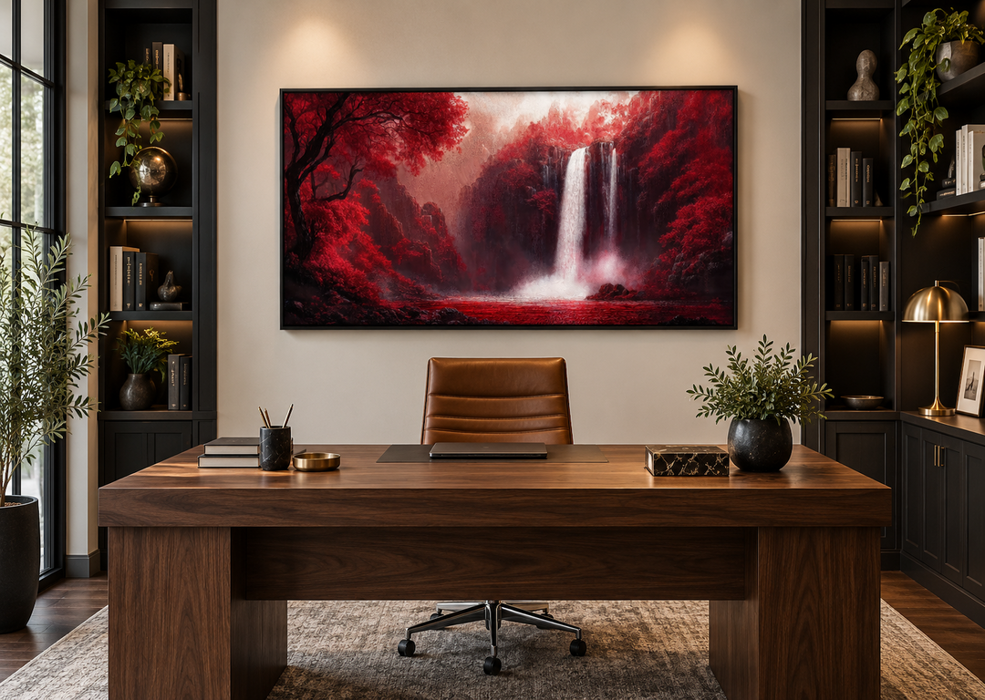 Red waterfall framed canvas wall art featuring a cascading waterfall and vivid red trees.