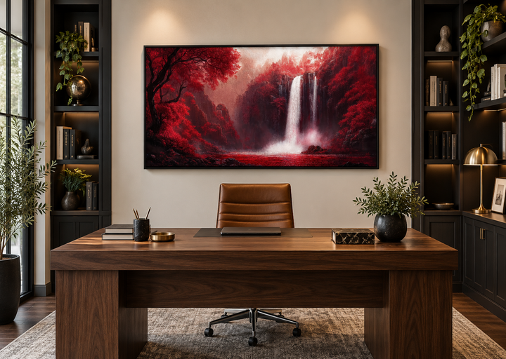 Red waterfall framed canvas wall art featuring a cascading waterfall and vivid red trees.