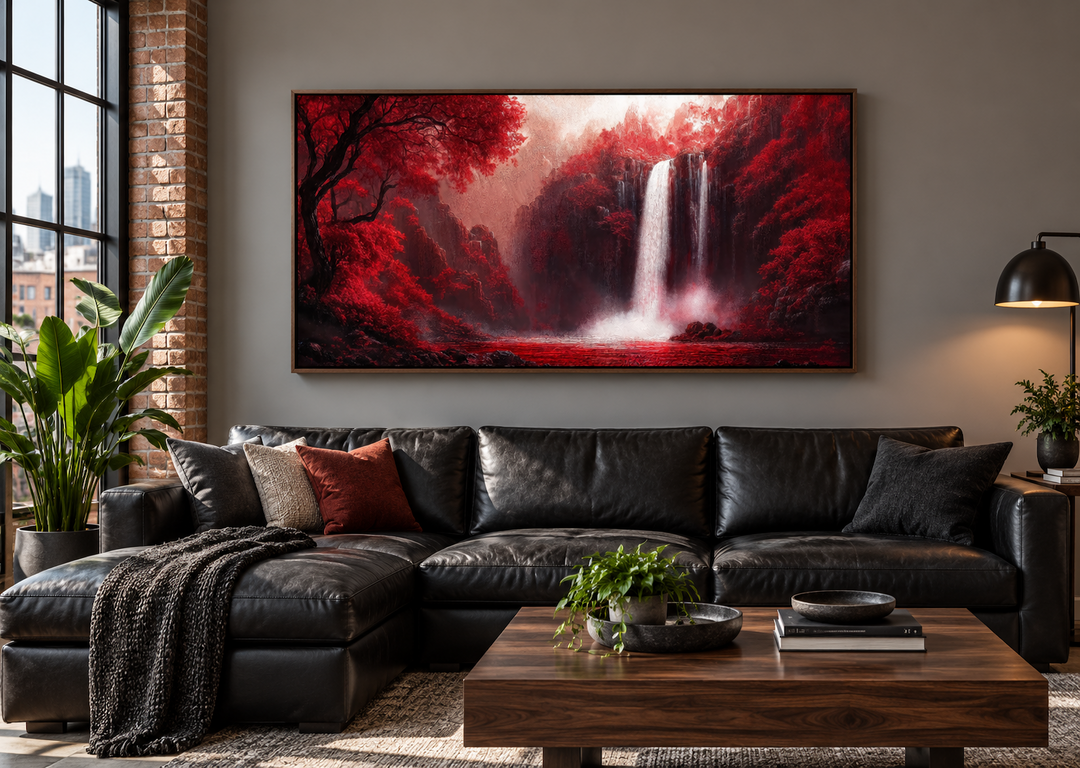 Red waterfall framed canvas wall art hanging above a black leather sofa in a modern living room.