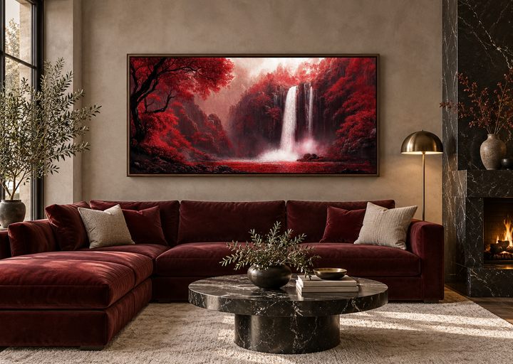 Framed canvas wall art of a waterfall surrounded by vibrant red trees above a velvet sectional sofa.