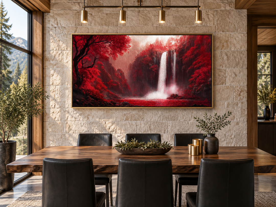 Red Waterfall Framed Canvas Wall Art featuring red trees and a waterfall over a dining table.