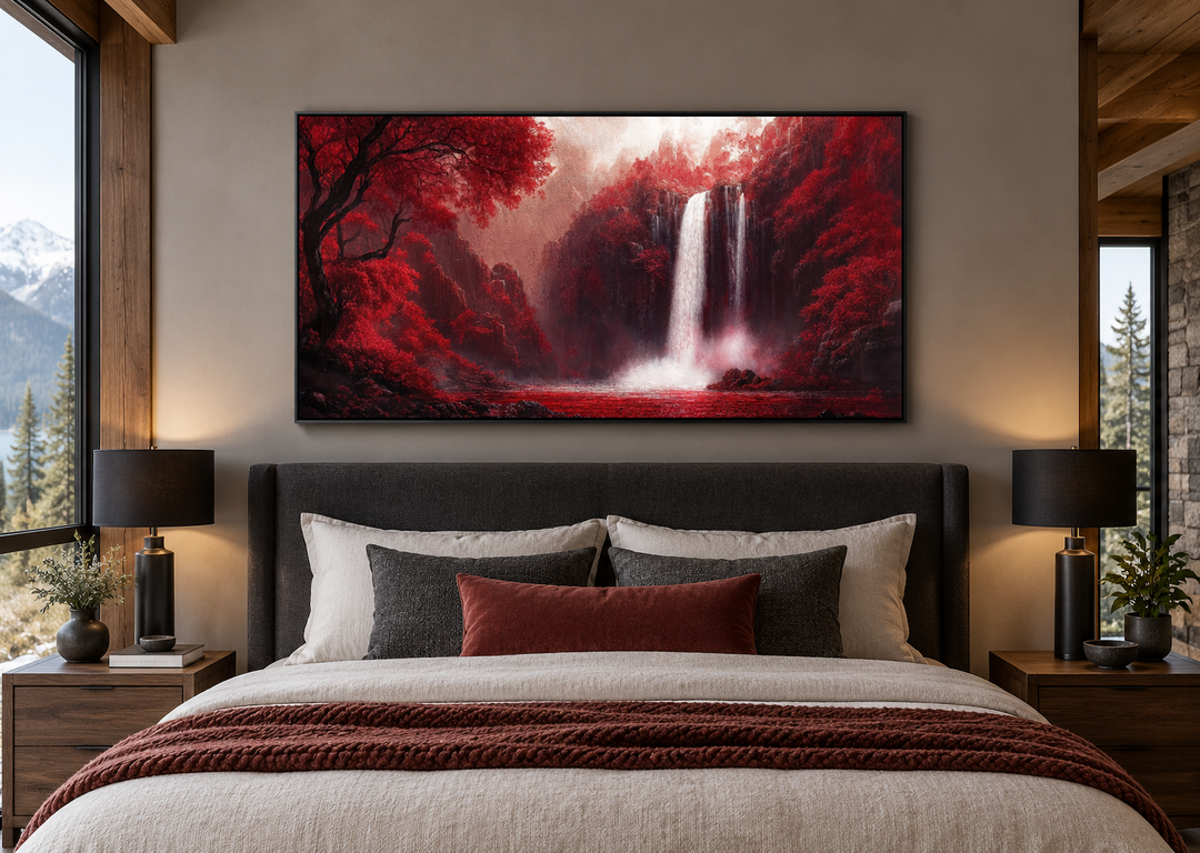 Red waterfall framed canvas wall art above a bed in a modern bedroom with mountain views.