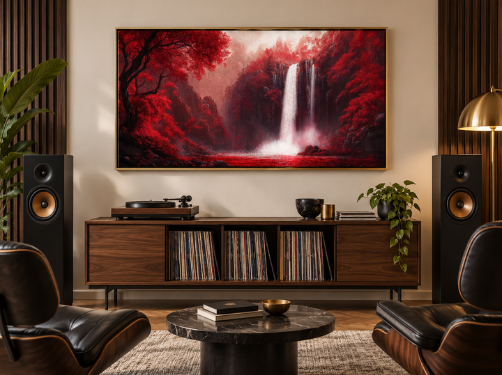 Framed canvas wall art of a white waterfall surrounded by vibrant red trees in a modern living room.