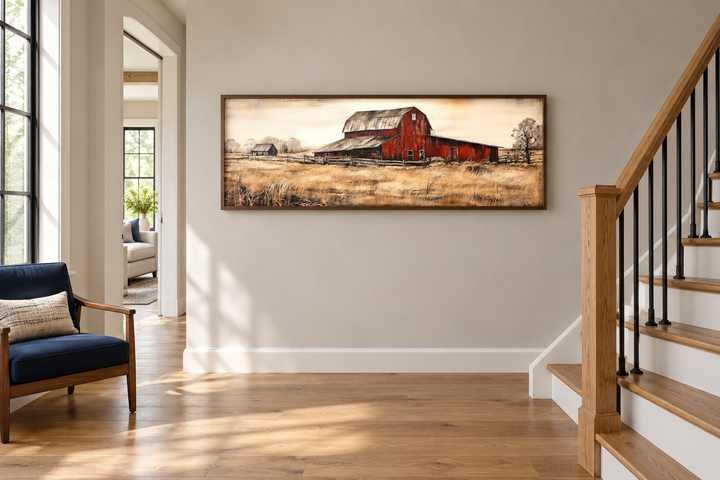 Old Red Barn rustic painting on horizontal framed canvas wall art in a farmhouse hallway.